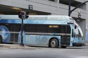 A hydrogen fuel cell bus leaving Massillon transit center.