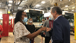 Senator Sherrod Brown greeting SARTA employees at SARTA Headquarters.