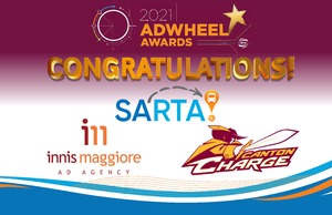 A graphic image congratulating SARTA, Innis Maggiore and the Canton Charge on winning the 2021 AdWheel Award.