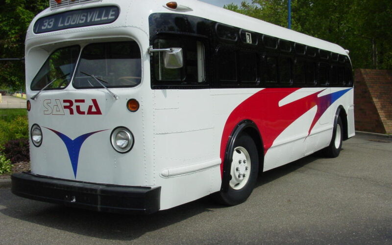 White, Blue and Red Vintage Hobo Bus