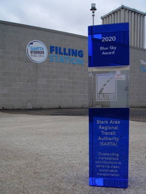 A picture of 2020 Blue Sky Award awarded to SARTA for being a leader in the clean energy revolution in the transportation industry.
