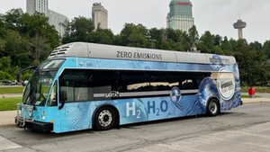 A picture of a Hydrogen Fuel Cell Bus on the road in Canada.