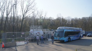 picture of a hydrogen fuel cell bus by the NICE America mobile hydrogen refueling unit.