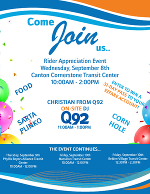 This is an image for the Rider Appreciation event That took place at Cornerstone Transit Center.