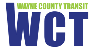 Wayne County Transit Logo-This image features the Wayne County Transit (WCT) logo, with bold blue lettering and green text above it.