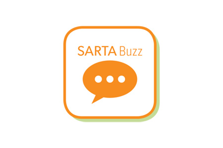 "SARTA Buzz" logo featuring an orange speech bubble with three white dots inside, set within a rounded square border with a shadow effect. The text "SARTA Buzz" is displayed in orange in the upper right corner.