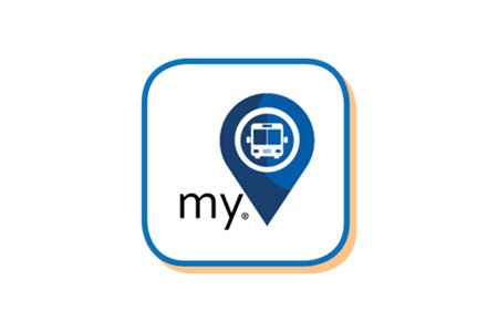 Pinpoint- A logo featuring a blue location pin icon with a white bus symbol inside, accompanied by the text "my." in black, enclosed within a rounded square with a blue outline.