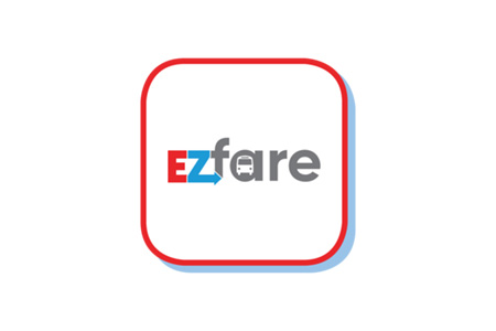 EZ fare logo, where 'EZ' is in red and blue, and 'fare' is in gray, featuring a small bus icon within the letter 'a'. The logo is enclosed in a rounded square with a red outline. this logo represents SARTA mobile ticketing app.