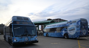 Two SARTA hydrogen Fuel Cell Buses at Cornerstone Bus Islands.