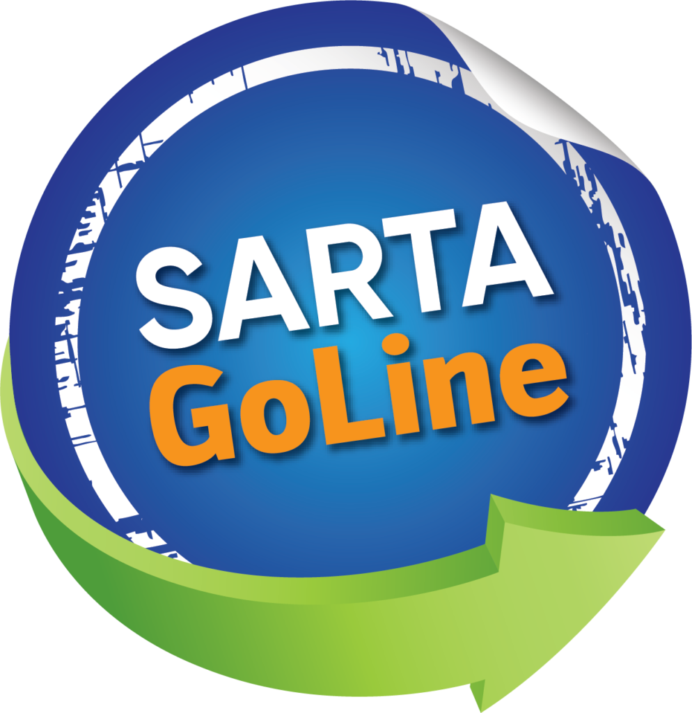 SARTA GoLine logo with a blue circular background, white and orange text, and a green arrow wrapping around the bottom.