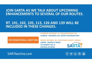 October Meeting Graphic-This image is an informational announcement from SARTA regarding route enhancements for several bus routes, including RT. 101, 102, 105, 113, 126, and 139.