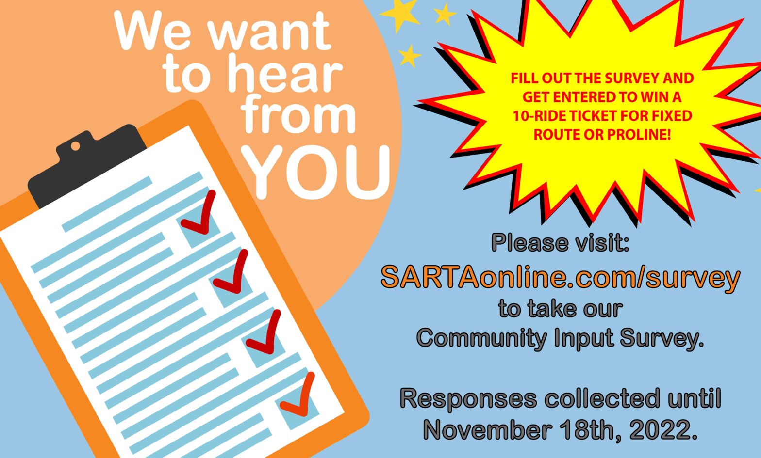 SARTA Survey Graphic-This is a community input survey promotion for SARTA, encouraging participation with an incentive. The bright colors and bold text highlight the chance to win a 10-ride ticket for Fixed Route or Proline by filling out the survey.