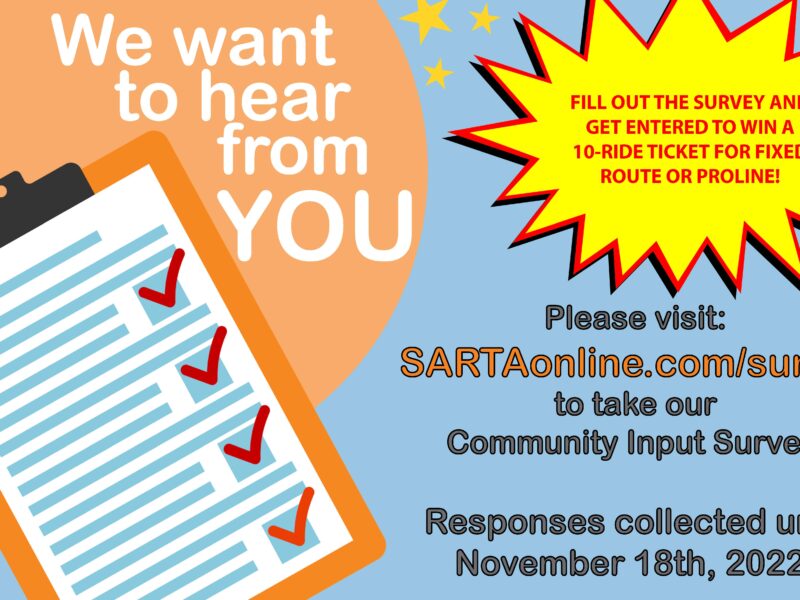SARTA Survey Graphic-This is a community input survey promotion for SARTA, encouraging participation with an incentive. The bright colors and bold text highlight the chance to win a 10-ride ticket for Fixed Route or Proline by filling out the survey.