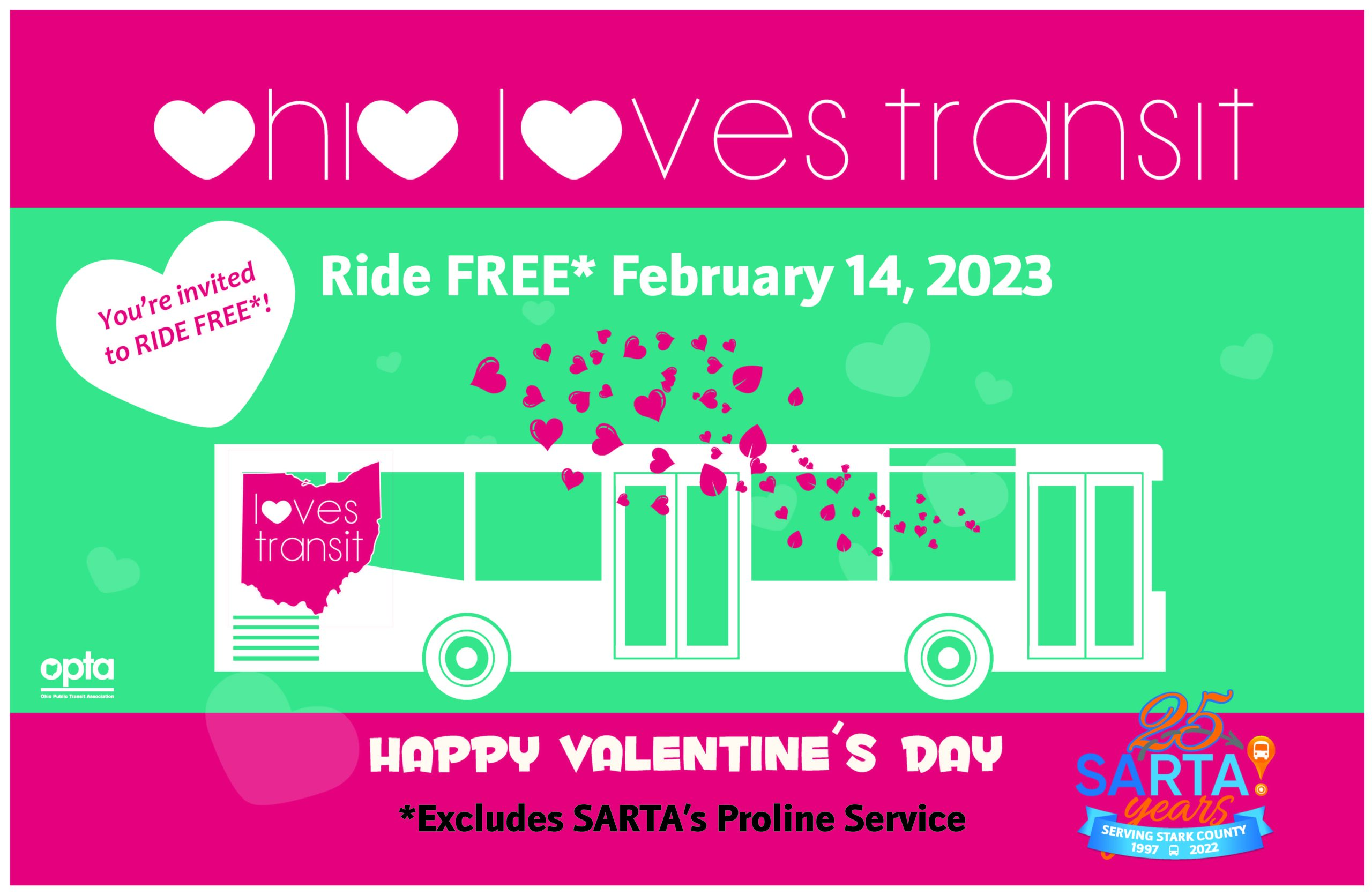 Ohio love transit flyer that talks about FREE Rides on Fixed Route Valentine's Day 2023