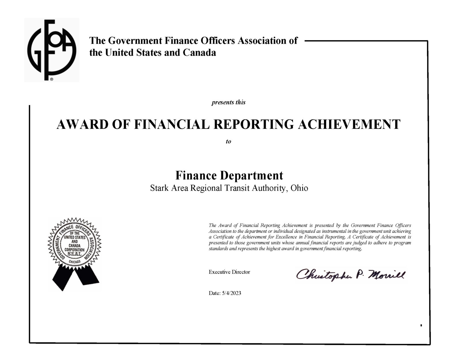 A certificate from the Government Finance Officers Association of the United States and Canada, awarded to the Finance Department of the Stark Area Regional Transit Authority (SARTA) in Ohio. The certificate recognizes the department for its outstanding financial reporting achievement. It features an official seal, a signature from an association representative, and a formal layout with black text on a white background.