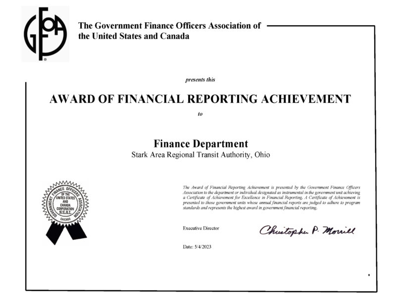 A certificate from the Government Finance Officers Association of the United States and Canada, awarded to the Finance Department of the Stark Area Regional Transit Authority (SARTA) in Ohio. The certificate recognizes the department for its outstanding financial reporting achievement. It features an official seal, a signature from an association representative, and a formal layout with black text on a white background.
