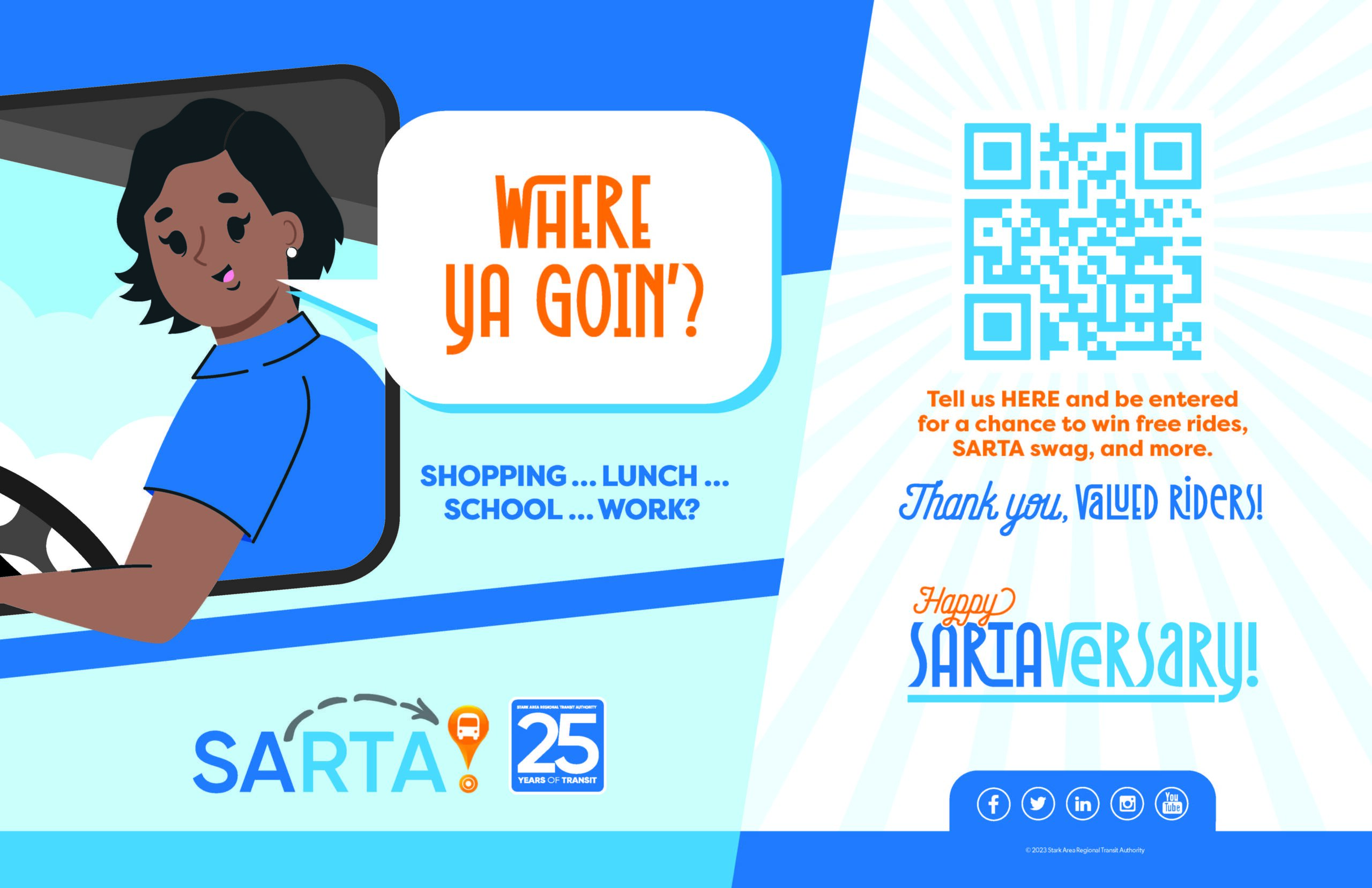 An illustrated promotional graphic for SARTA's 25th anniversary features a smiling bus driver in a blue uniform, looking out from the driver’s seat. A speech bubble reads, 