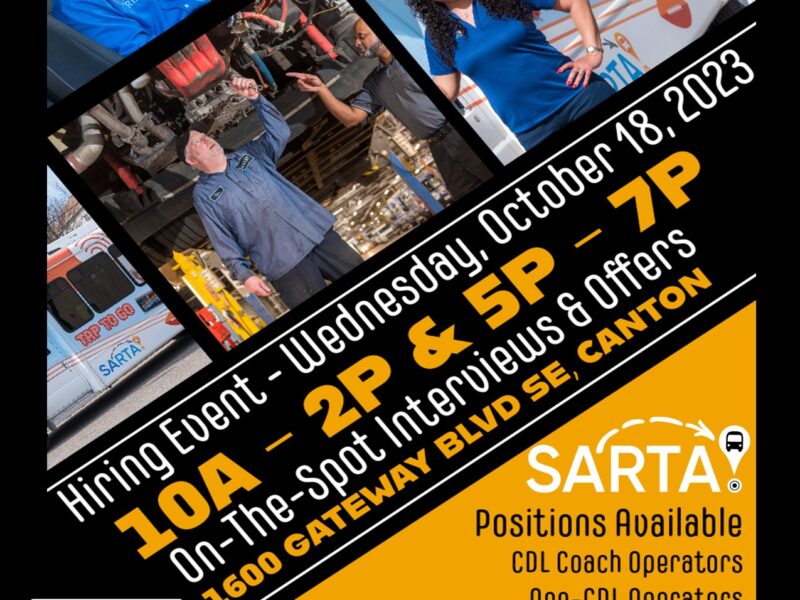 A hiring event flyer for SARTA features a black background with bold white, yellow, and orange text. The event details indicate it takes place on Wednesday, October 18, 2023, with two interview sessions from 10 AM - 2 PM and 5 PM - 7 PM at 1600 Gateway Blvd SE, Canton. The flyer highlights on-the-spot interviews and job offers for various positions, including CDL and non-CDL coach operators, automotive maintenance technicians, customer service representatives, buildings & grounds technicians, and transit IT support specialists. A QR code in the bottom left corner encourages scanning for more information. The flyer also includes three small images of SARTA employees interacting and working.