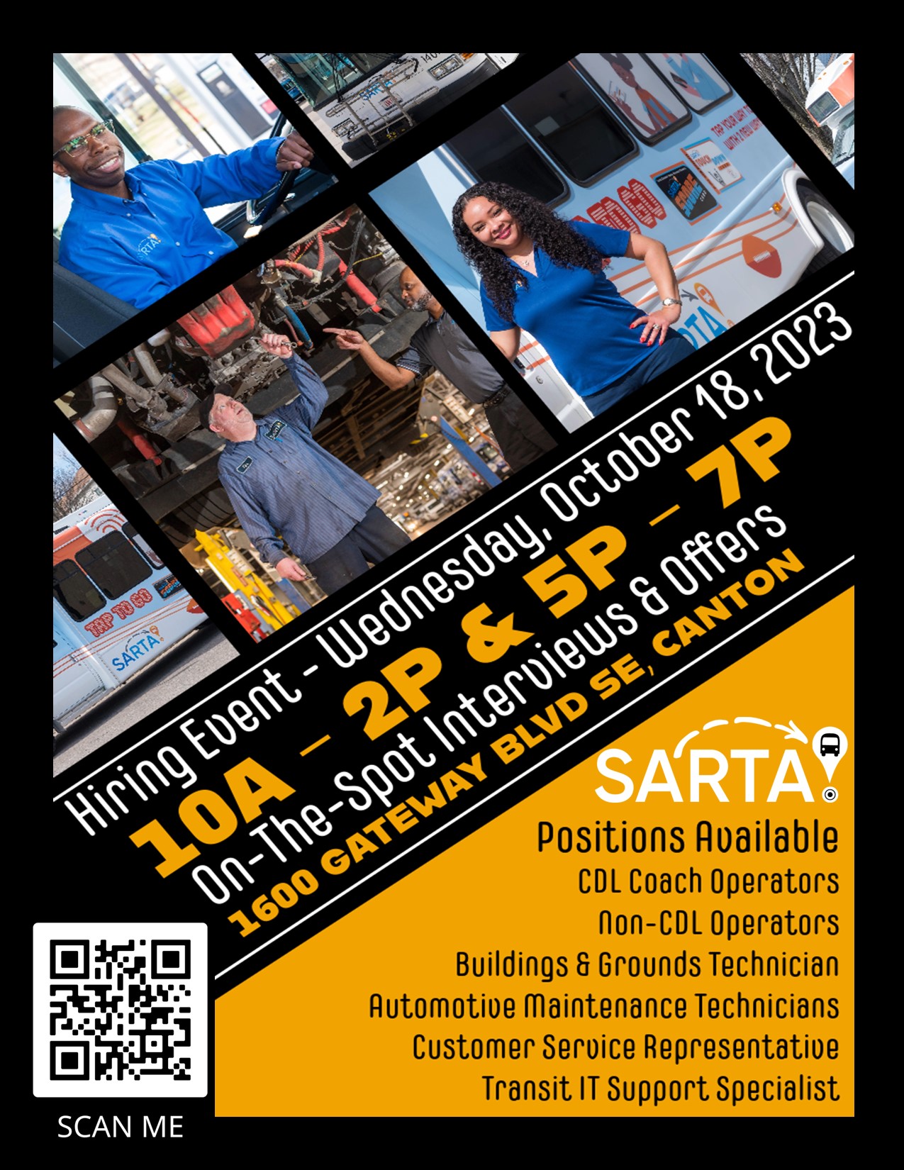 A hiring event flyer for SARTA features a black background with bold white, yellow, and orange text. The event details indicate it takes place on Wednesday, October 18, 2023, with two interview sessions from 10 AM - 2 PM and 5 PM - 7 PM at 1600 Gateway Blvd SE, Canton. The flyer highlights on-the-spot interviews and job offers for various positions, including CDL and non-CDL coach operators, automotive maintenance technicians, customer service representatives, buildings & grounds technicians, and transit IT support specialists. A QR code in the bottom left corner encourages scanning for more information. The flyer also includes three small images of SARTA employees interacting and working.