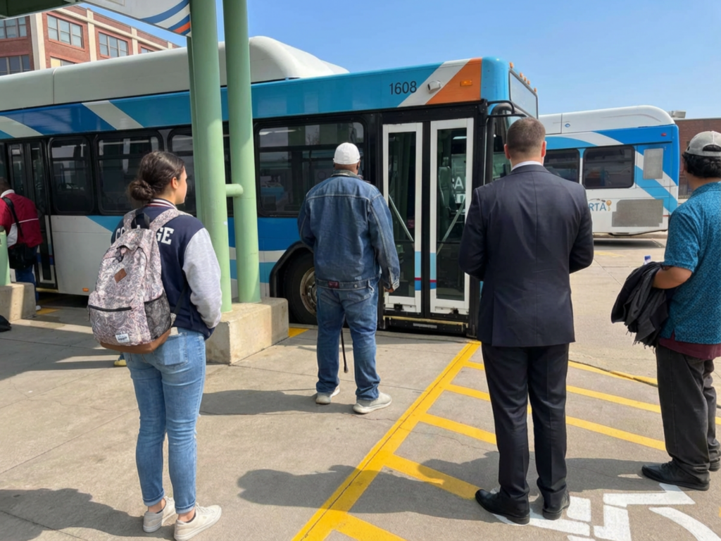 Passengers stand in line at a covered transit center, waiting to board a blue‑and‑white SARTA bus, with another bus visible in the background and yellow safety markings on the platform.